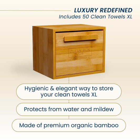 CLEAN SKIN CLUB drawer open with towels visible for quick one-handed dispensing benefit convenience