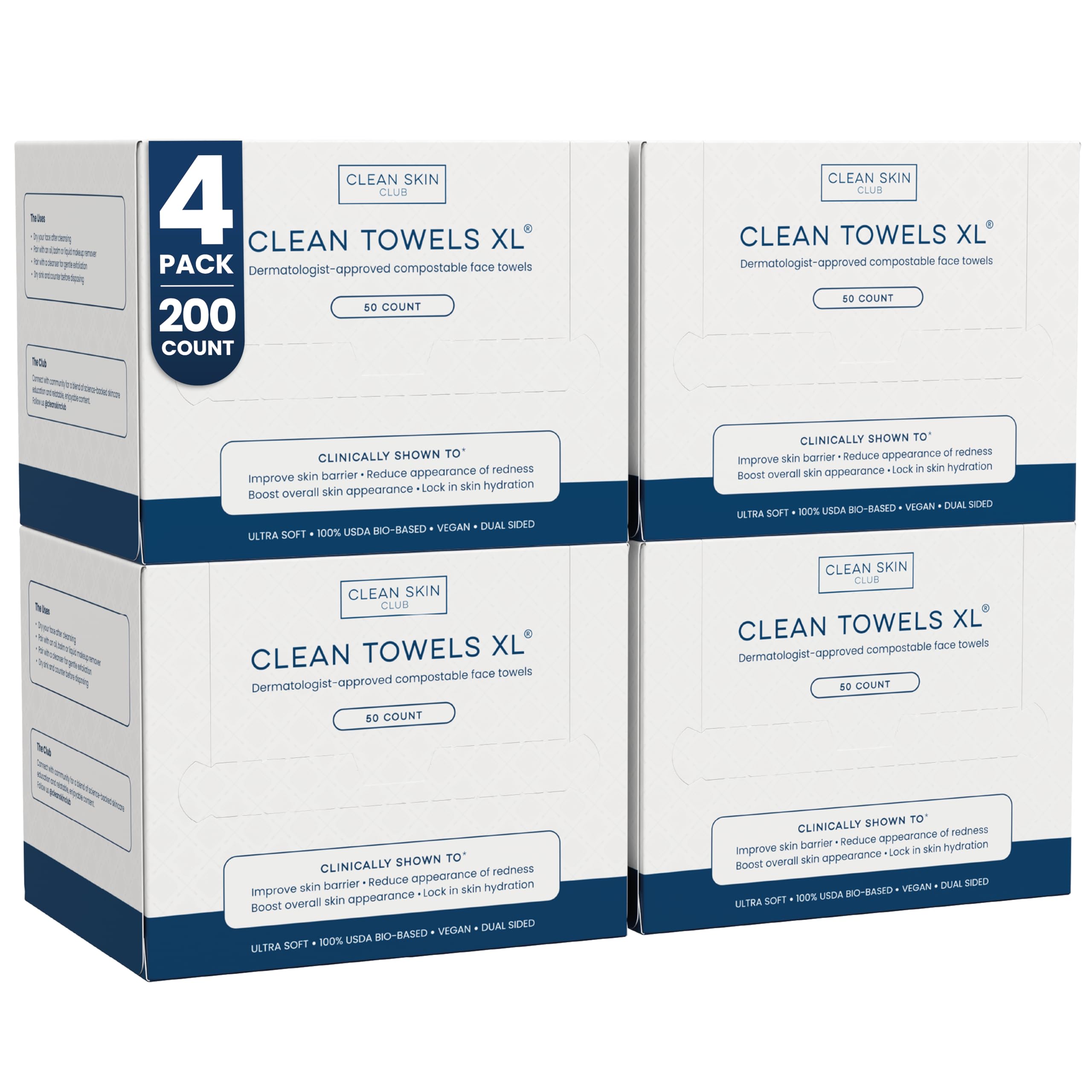 CLEAN SKIN CLUB front packaging showing 4 packs and product name for clear identification