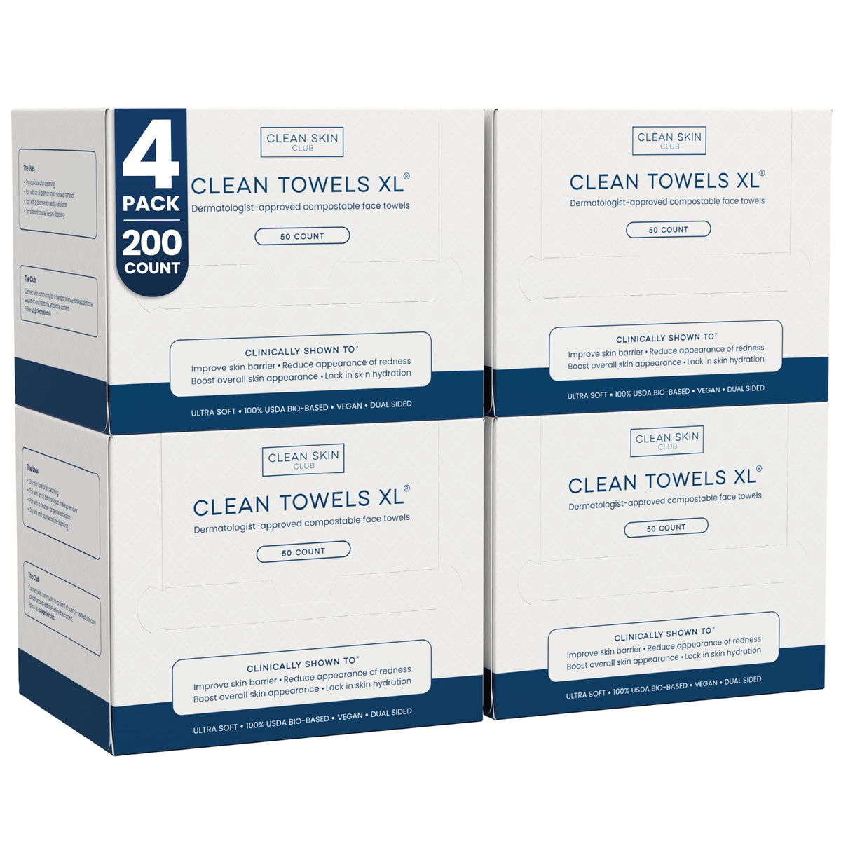 CLEAN SKIN CLUB front packaging showing 4 packs and product name for clear identification