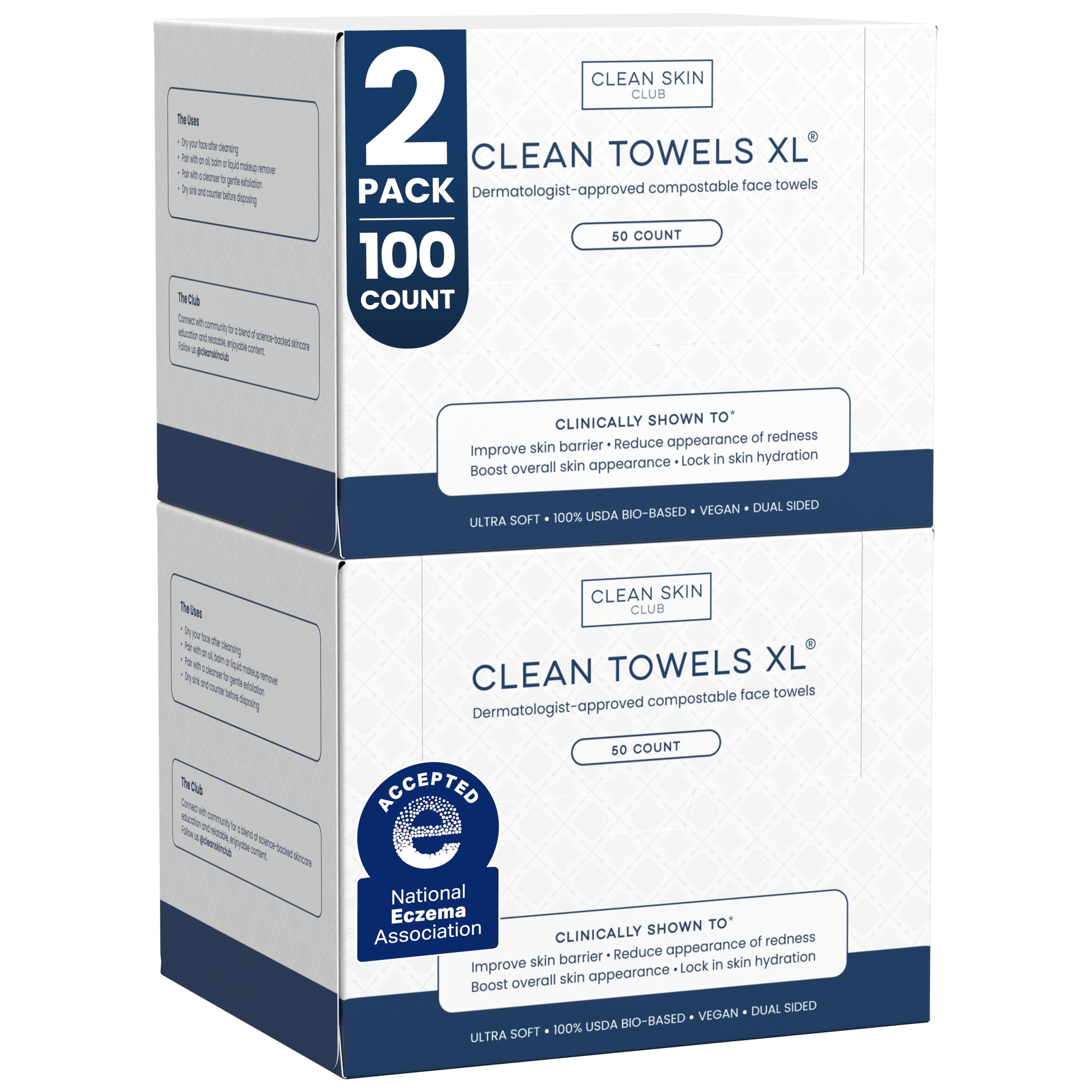 Clean Skin Club front packaging showing two 50-count packs for convenience