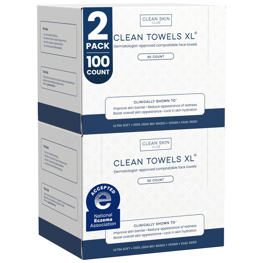 Clean Skin Club front packaging showing two 50-count packs for convenience