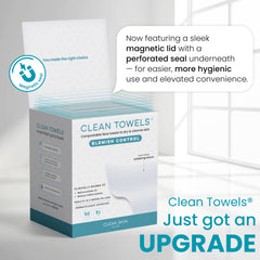 Stack of Clean Skin Club towels beside coin for size comparison and portability