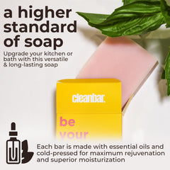 Cleanbar lather and bar texture highlighting rich moisturizing suds