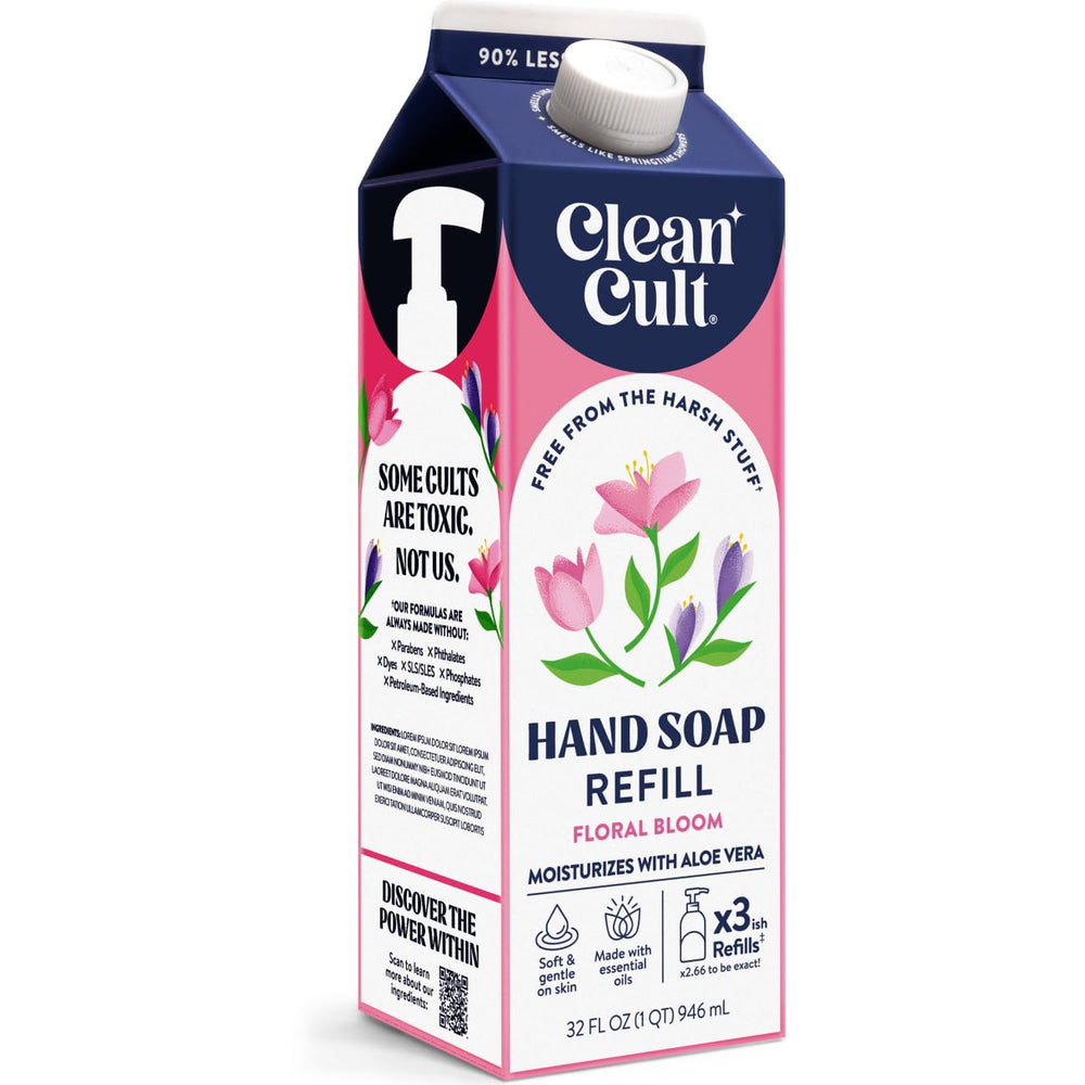 Cleancult front packaging showing Floral Bloom refill and eco benefit