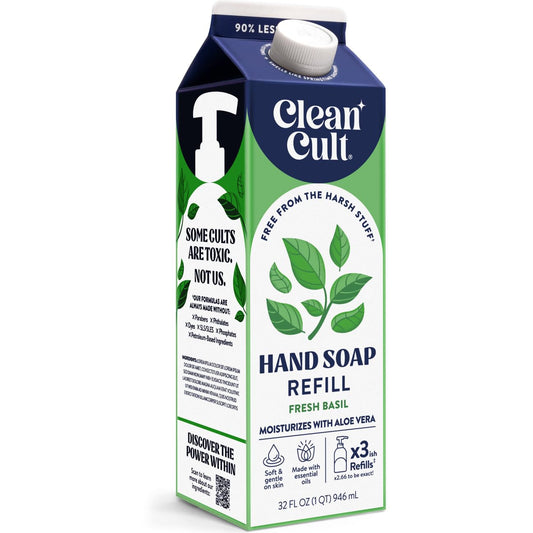 Cleancult front pouch showing Fresh Basil label and eco refill benefit