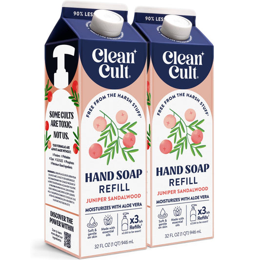 Cleancult front packaging of juniper sandalwood refill showing eco design and savings