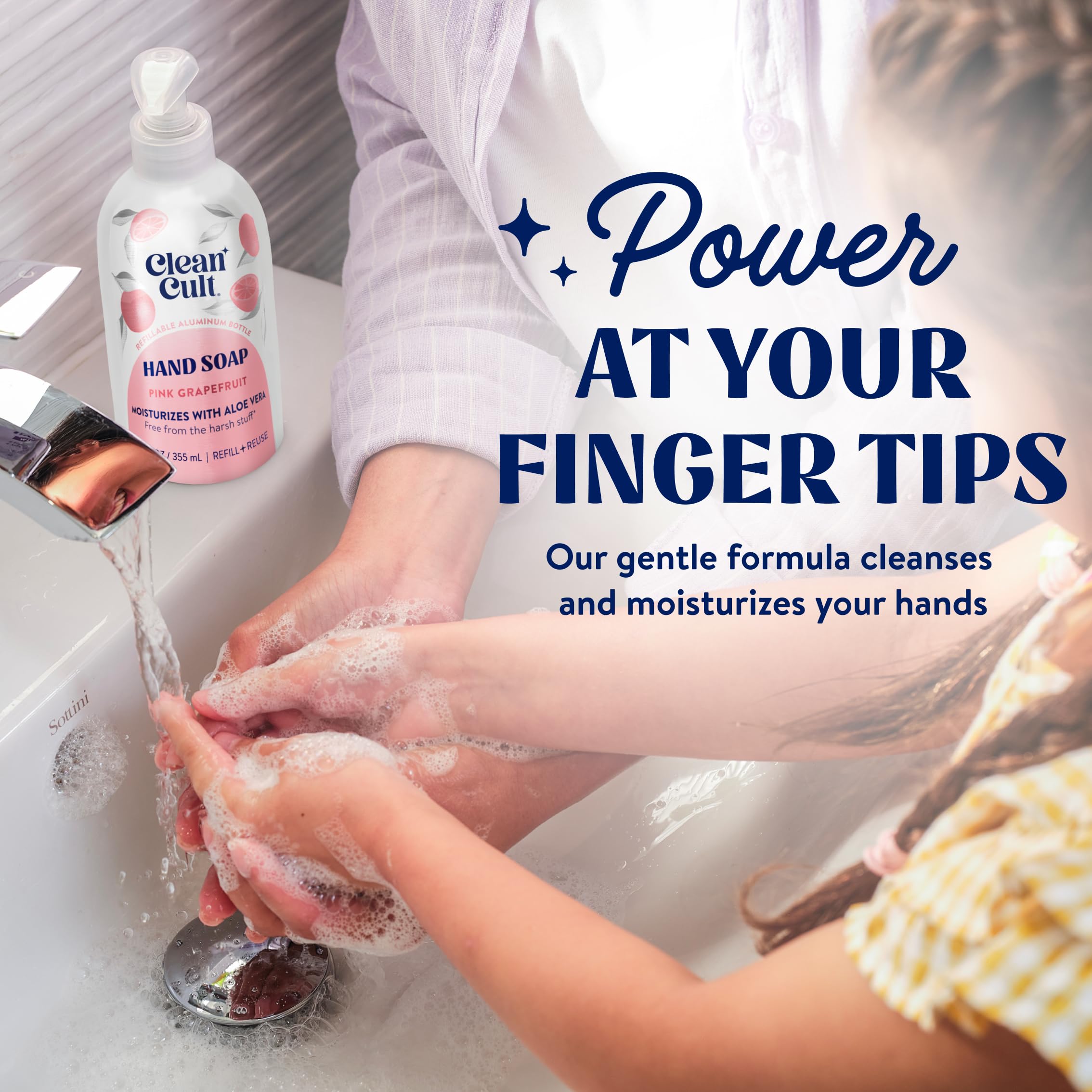 Cleancult pouring pink grapefruit soap into pump bottle for easy refill