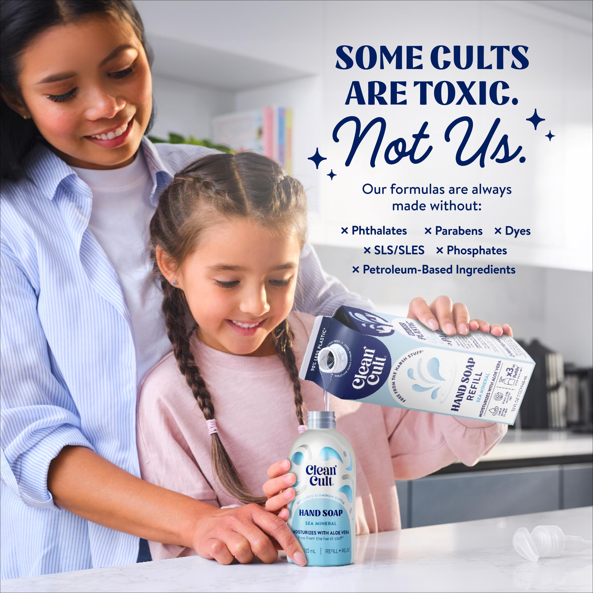 Cleancult pump bottle filled from refill, convenient refill pairing
