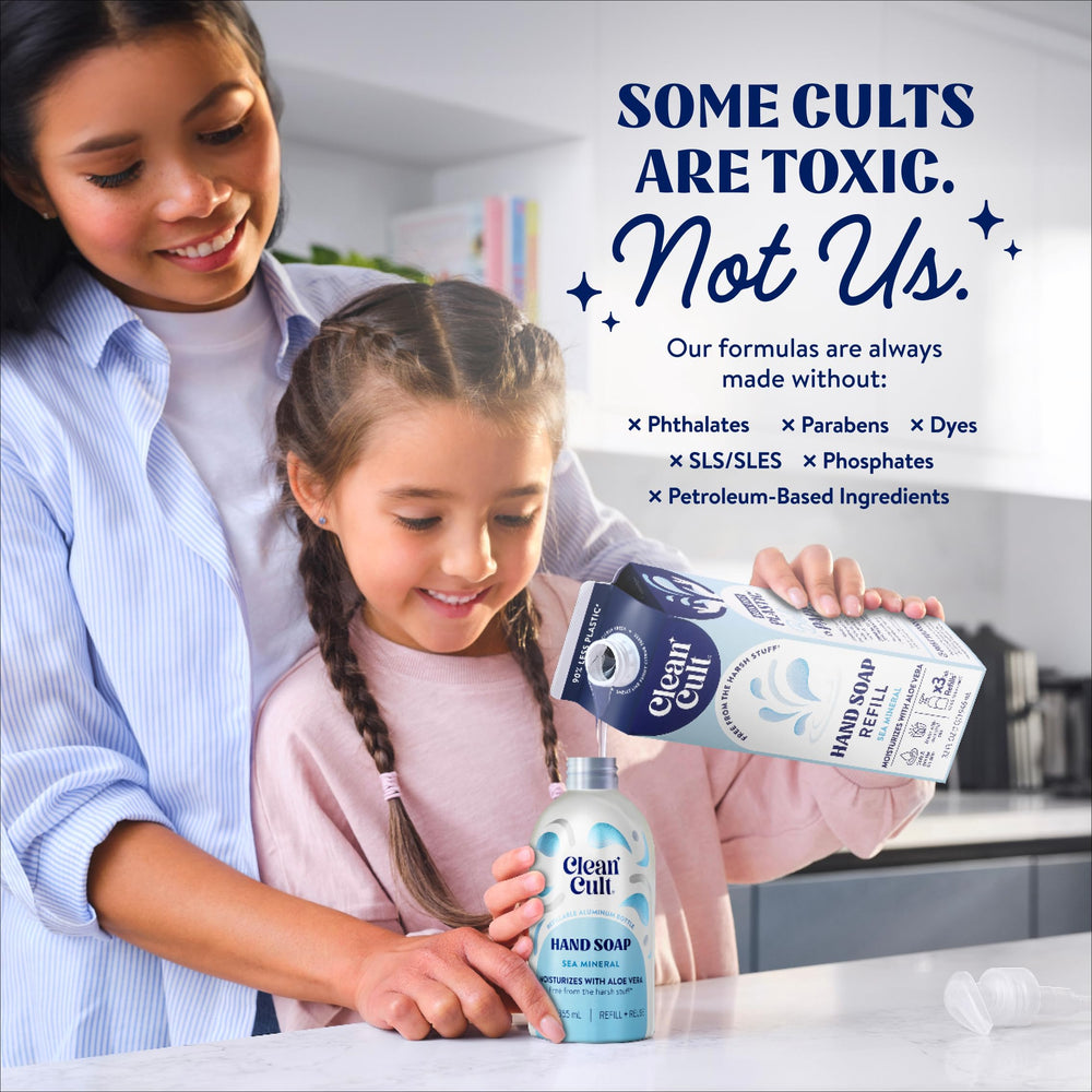 Cleancult pump bottle filled from refill, convenient refill pairing