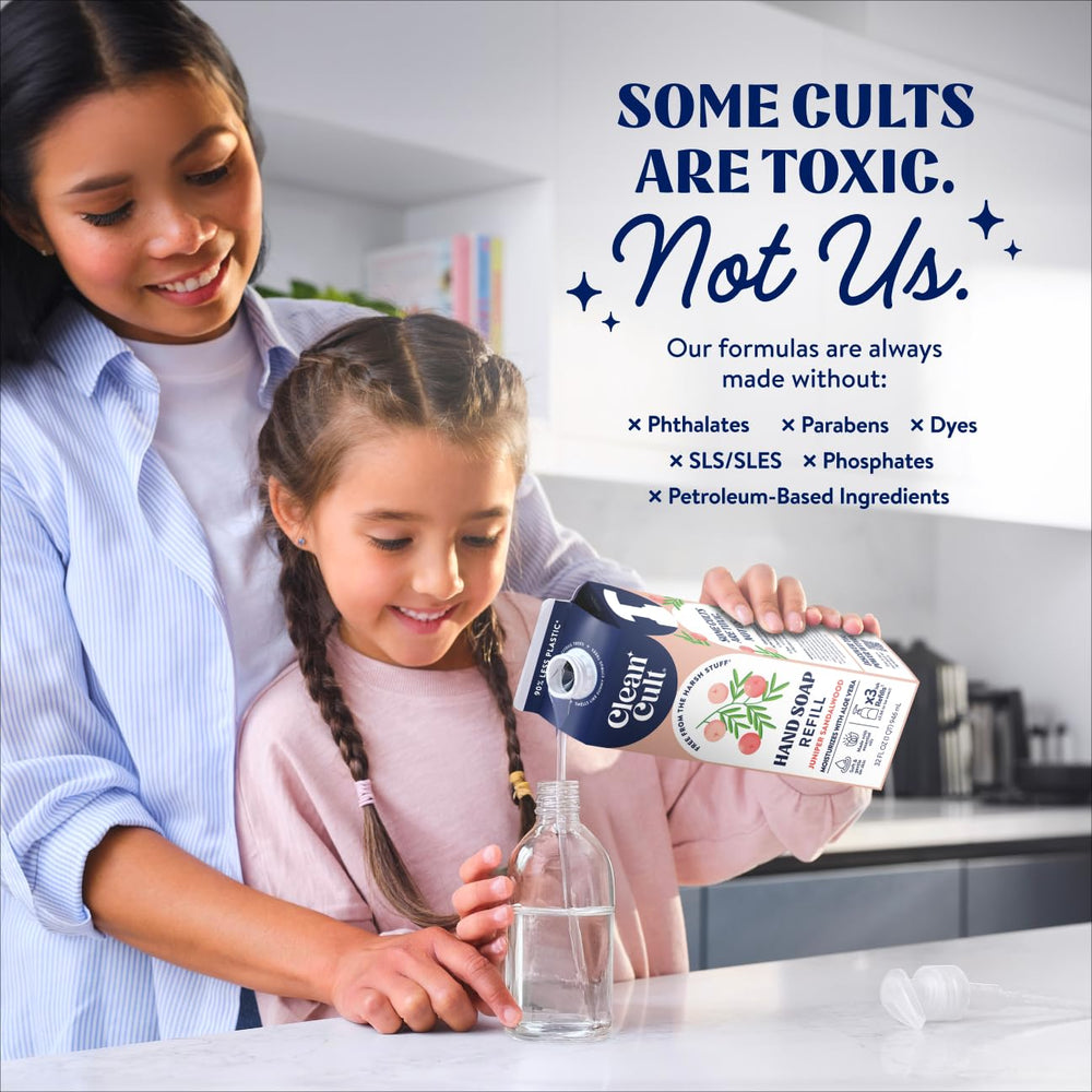 Cleancult 32 oz pouch beside common objects showing convenient refill size