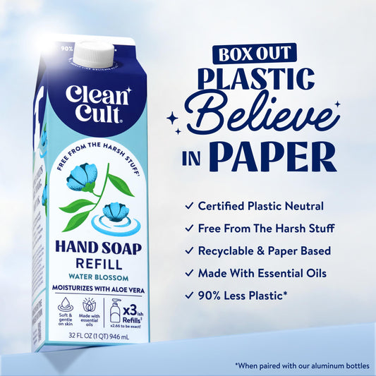 Cleancult Water Blossom pouring refill into bottle demonstrating easy refill and waste reduction