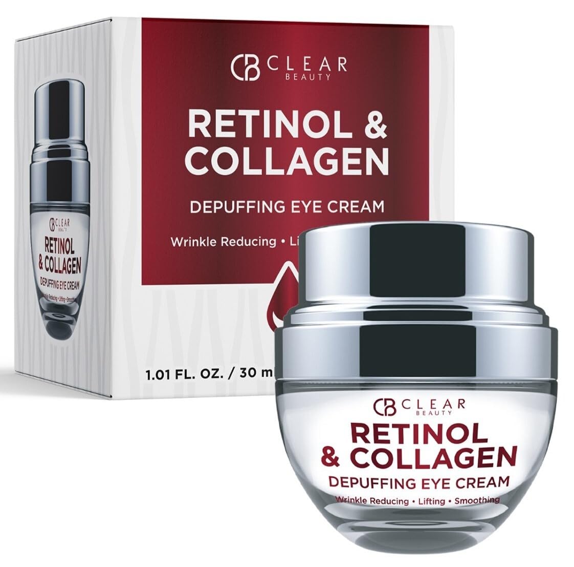 Clear Beauty front jar view showing compact travel-friendly packaging and brand