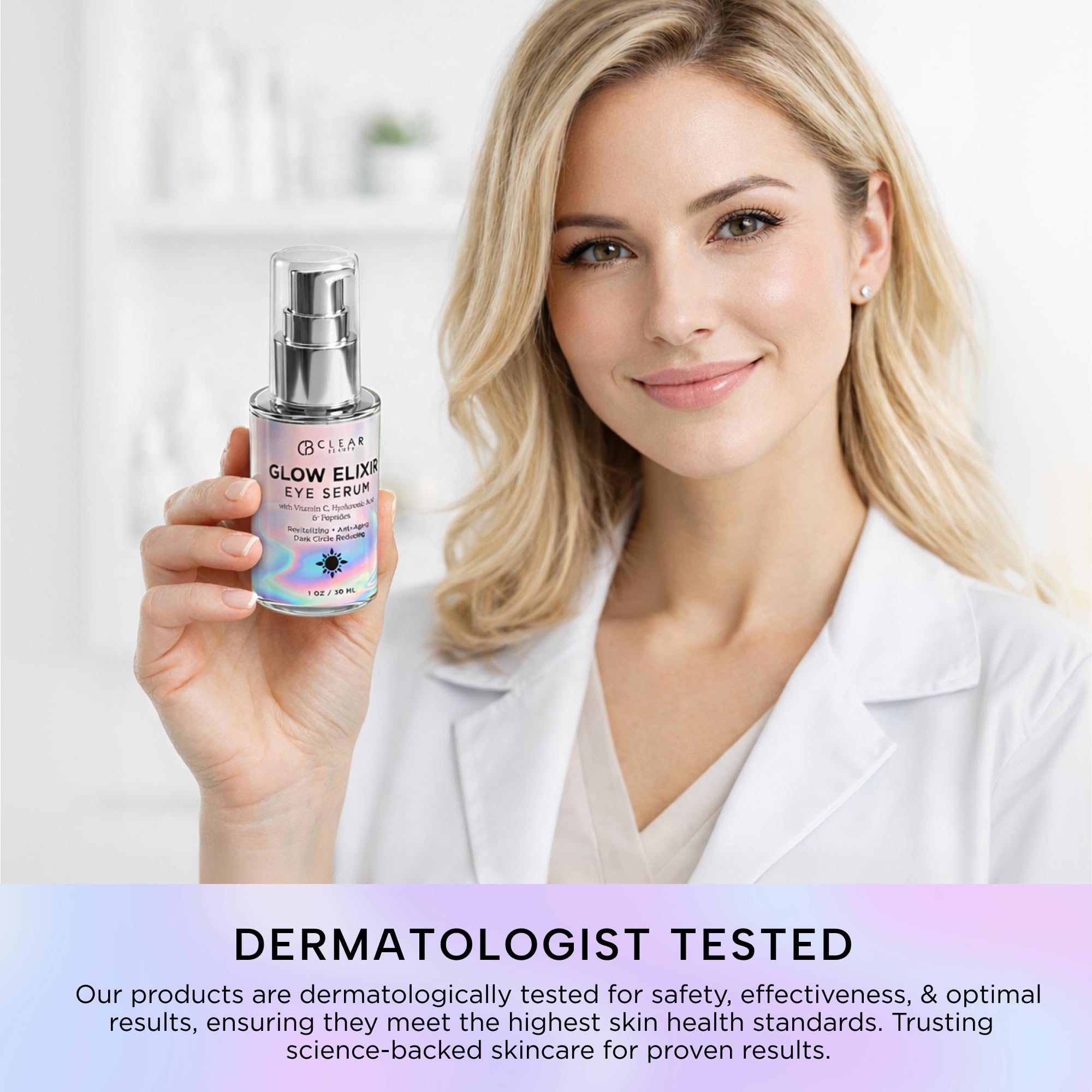 Clear Beauty bottle in hand demonstrating compact travel-friendly size