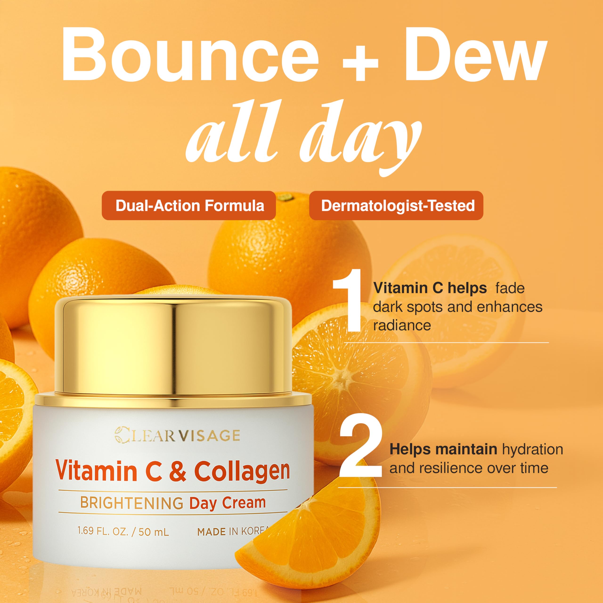 Clear Visage vitamin C and collagen ingredient display, conveys antioxidant and firming benefits