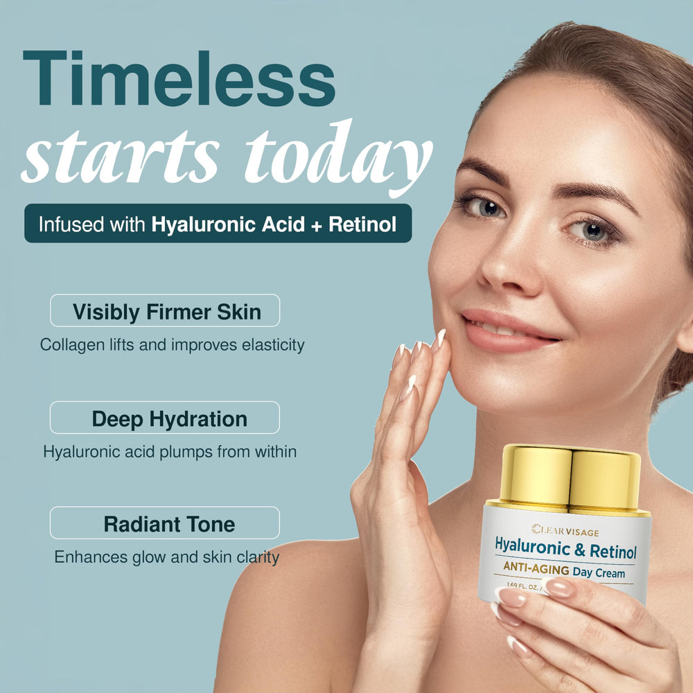 Clear Visage ingredients label highlighting hyaluronic acid and retinol benefits