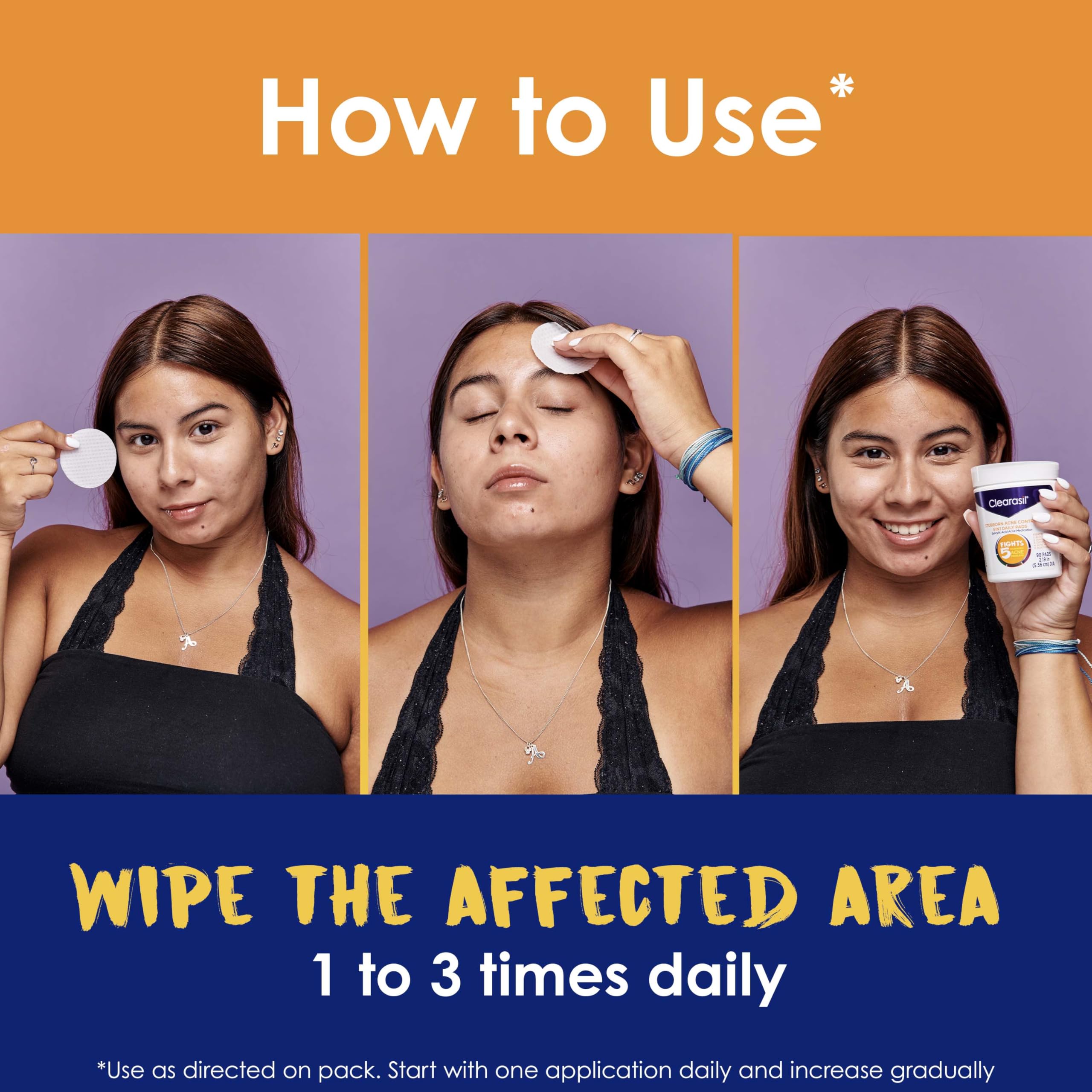 Clearasil pad in hand applying to cheek for fast acne care