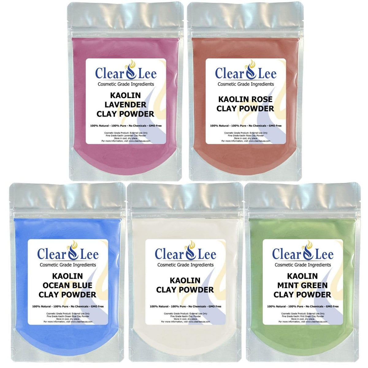 ClearLee sample pack front view showing five resealable pouches and colors, convenient testing