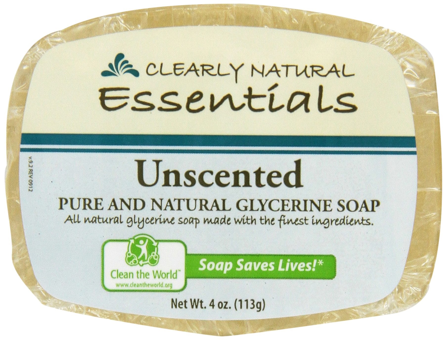 Clearly Natural front packaging showing four 4 oz unscented glycerine bars for gentle cleansing