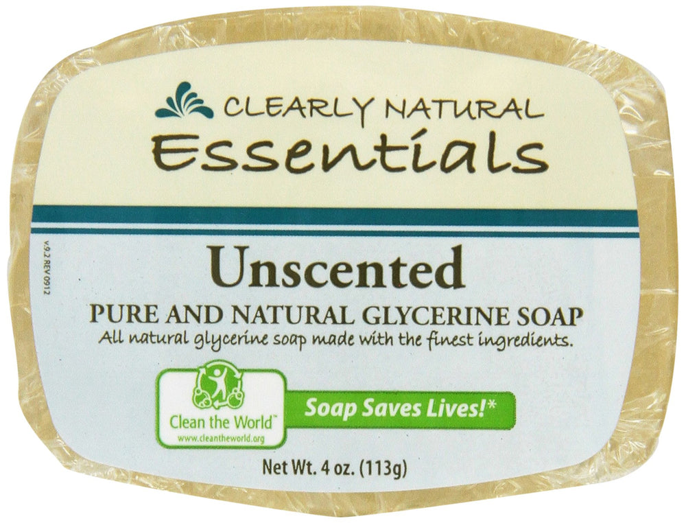 Clearly Natural front packaging showing four 4 oz unscented glycerine bars for gentle cleansing