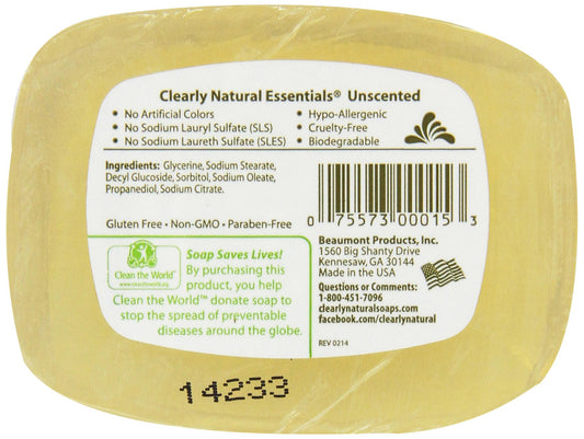 Clearly Natural close-up of glycerine bar texture and edge highlighting smooth non-irritating finish
