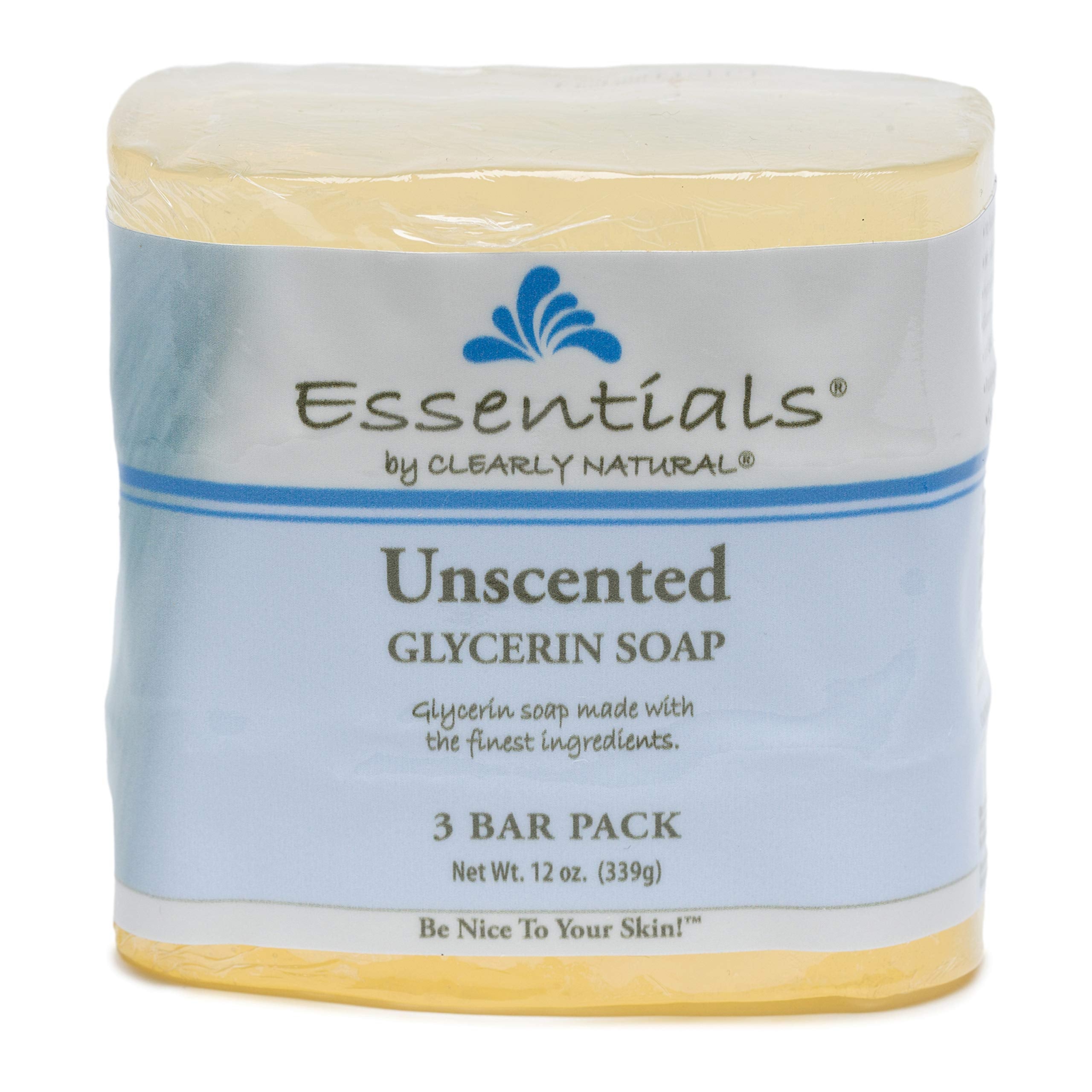 Clearly Natural front packaging showing three unscented glycerin bars and ingredient clarity benefit