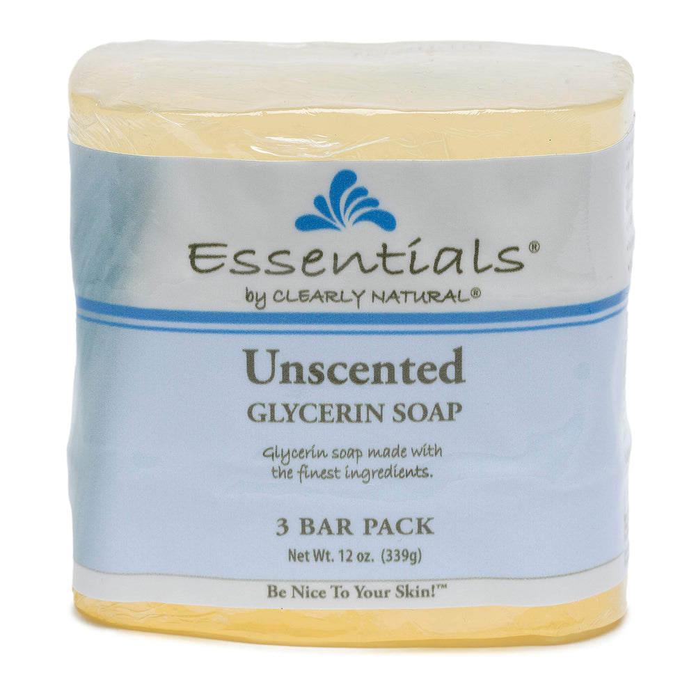 Clearly Natural front packaging showing three unscented glycerin bars and ingredient clarity benefit