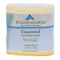Clearly Natural front packaging showing three unscented glycerin bars and ingredient clarity benefit