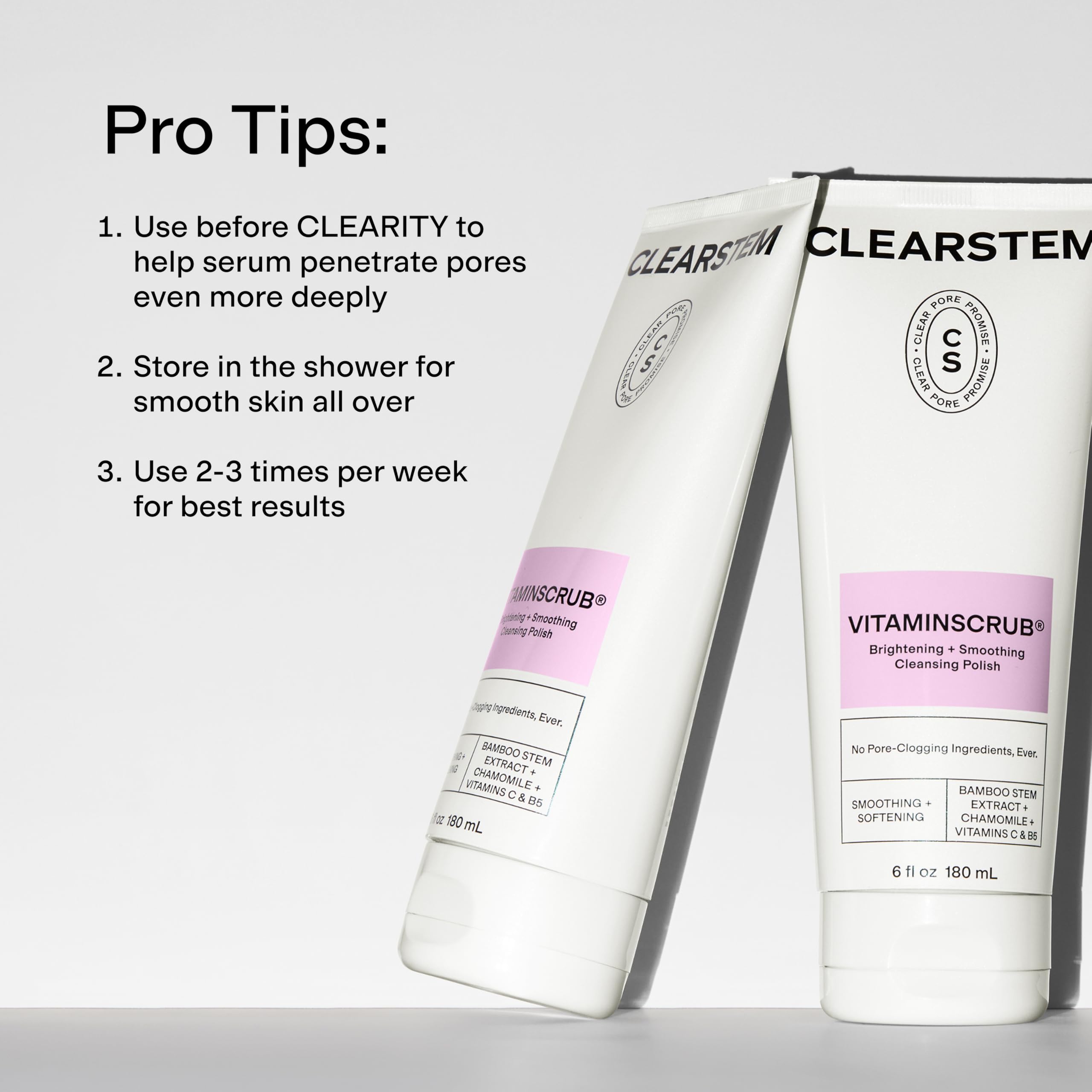 CLEARSTEM applying scrub to face showing decongesting and smoothing benefit