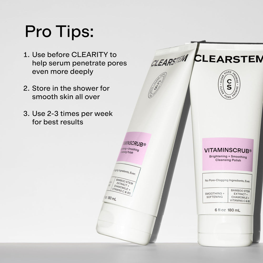 CLEARSTEM applying scrub to face showing decongesting and smoothing benefit