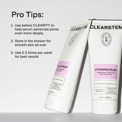 CLEARSTEM applying scrub to face showing decongesting and smoothing benefit