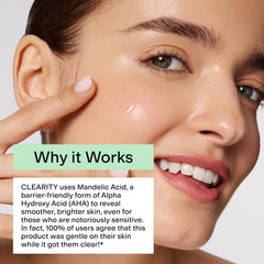 CLEARSTEM product ingredient label highlighting mandelic acid and vitamin C benefit