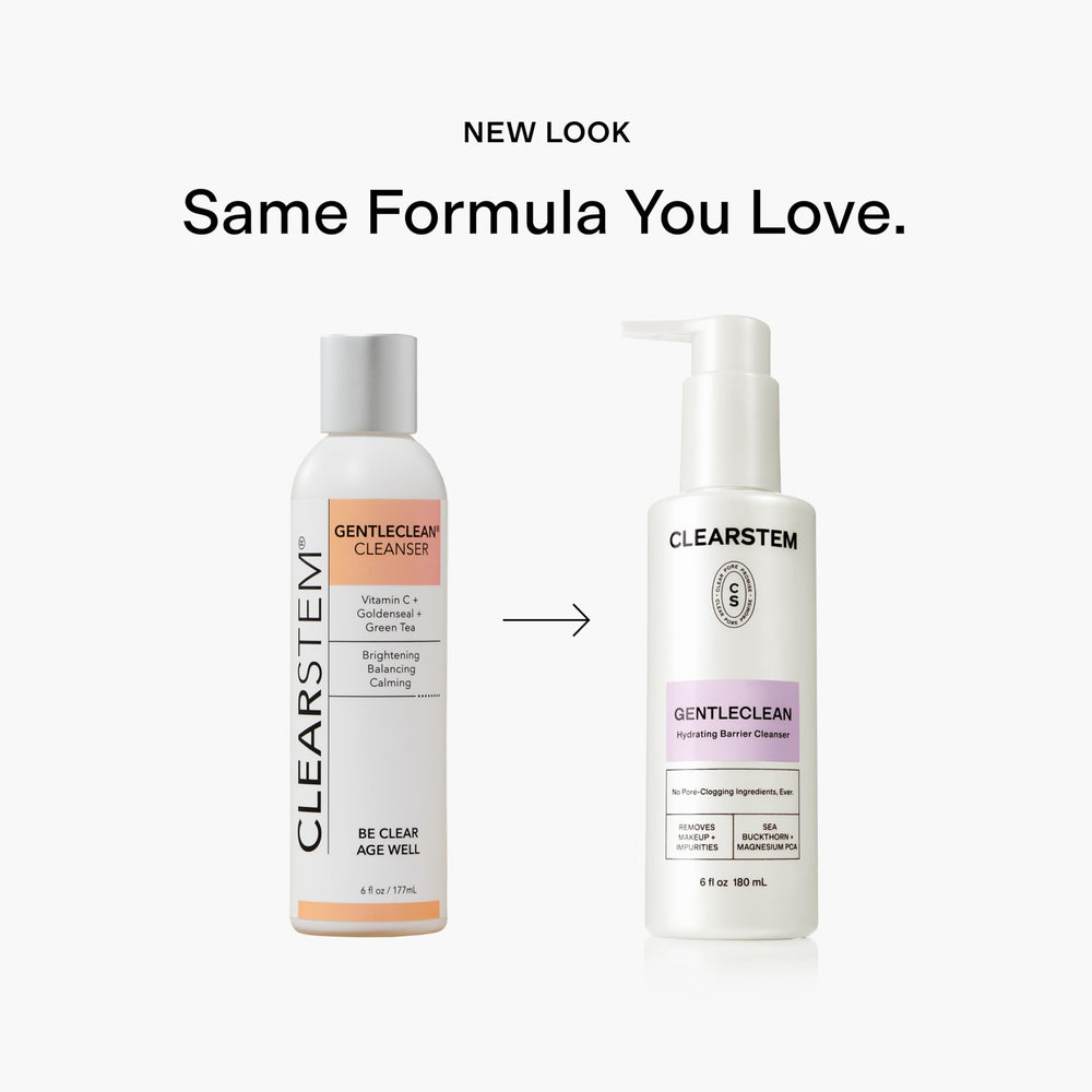 CLEARSTEM bottle beside green tea leaves showing soothing botanicals