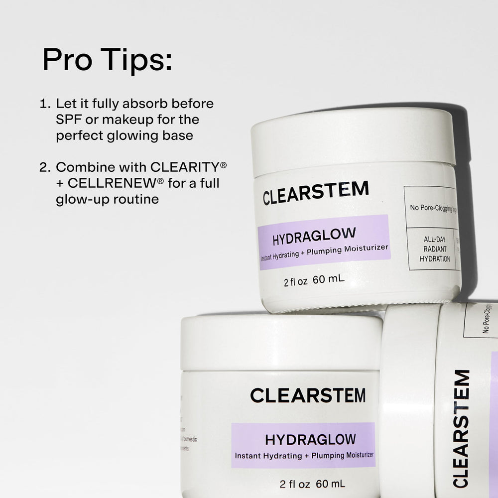 CLEARSTEM applying HYDRAGLOW to face and neck showing barrier-support benefit