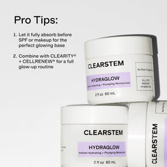 CLEARSTEM applying HYDRAGLOW to face and neck showing barrier-support benefit