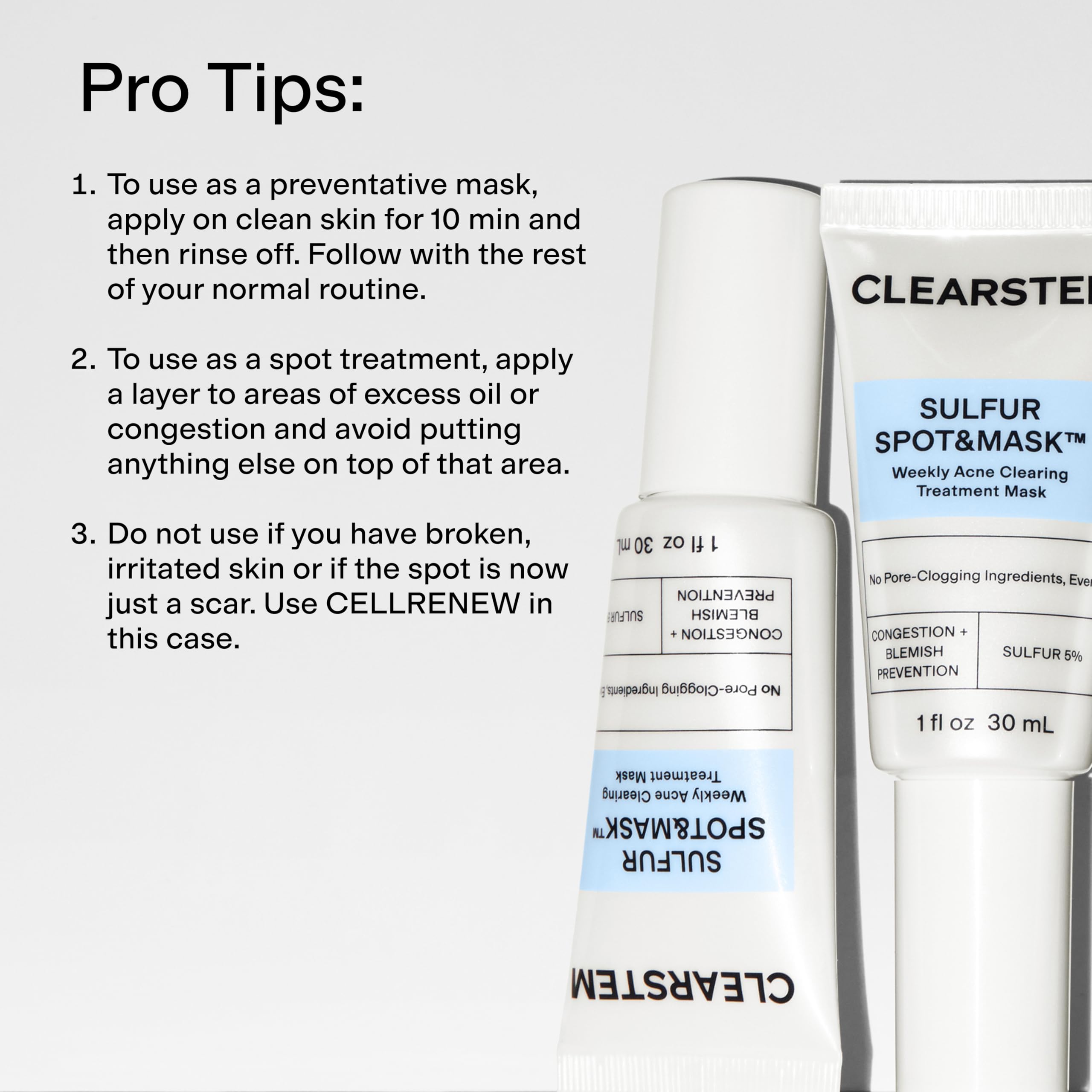 CLEARSTEM label close-up showing sulfur, kaolin, and glycolic ingredients