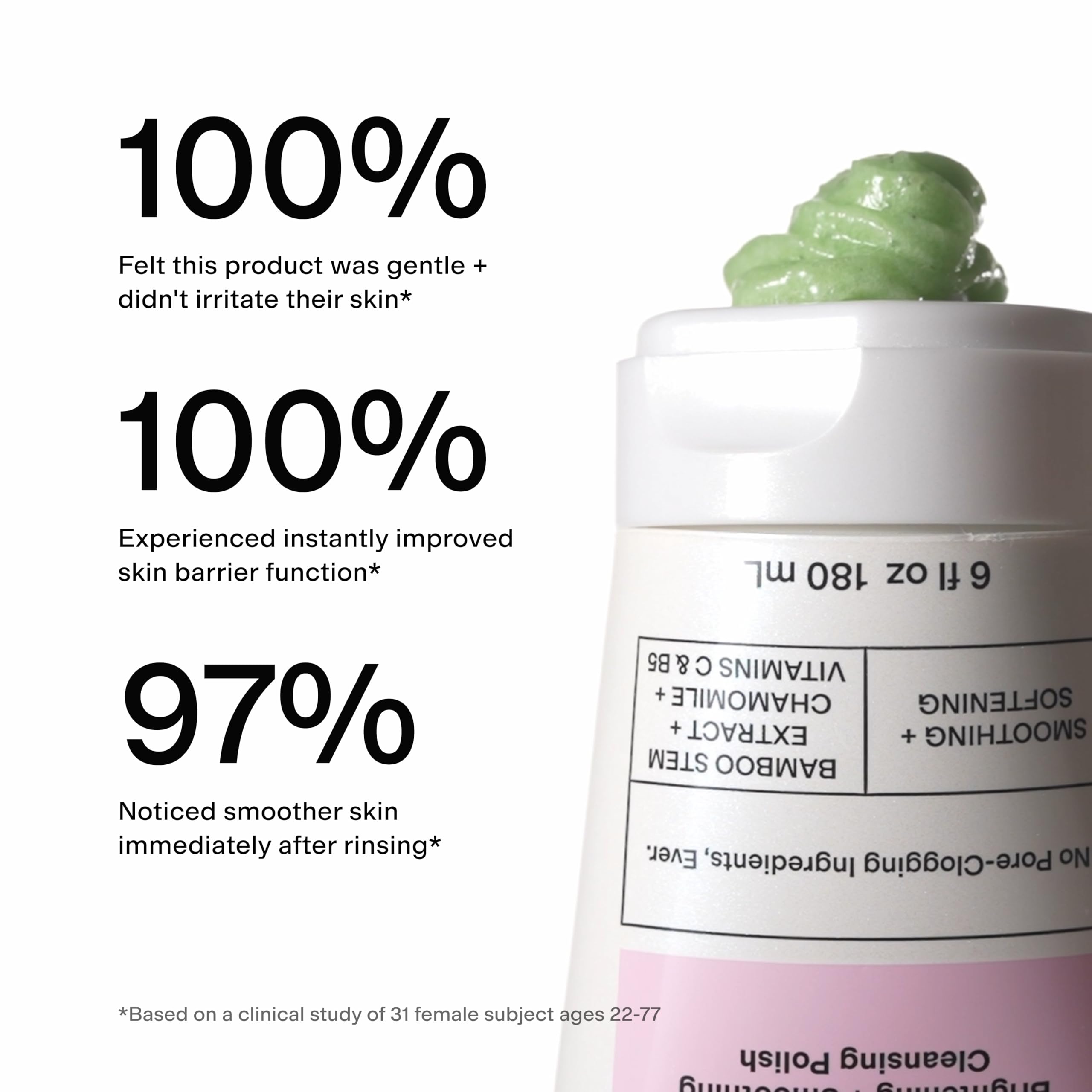 CLEARSTEM scrub lathered on hand demonstrating gentle exfoliation benefit