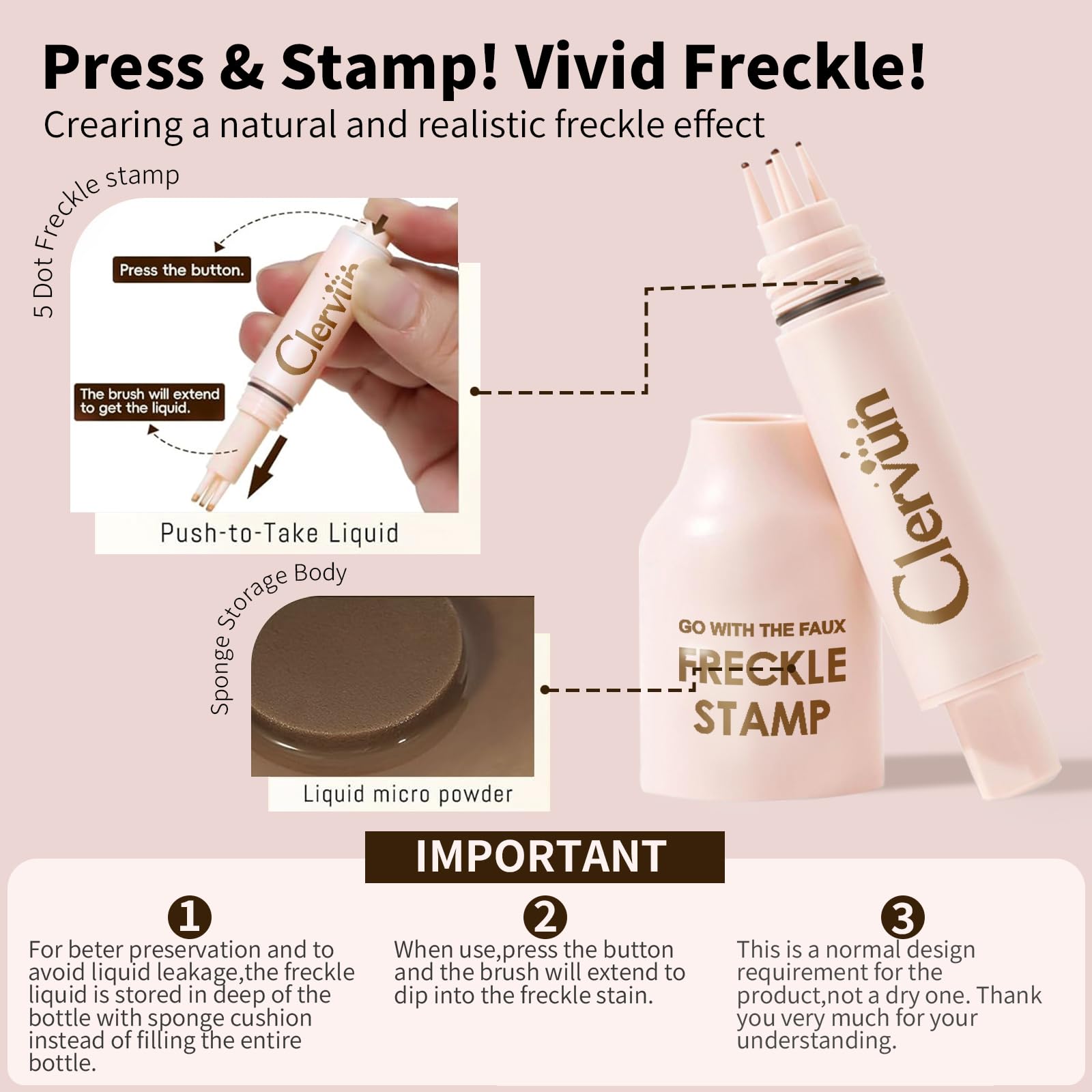 CLERVUN freckle stamp in hand demonstrating quick one-press application benefit