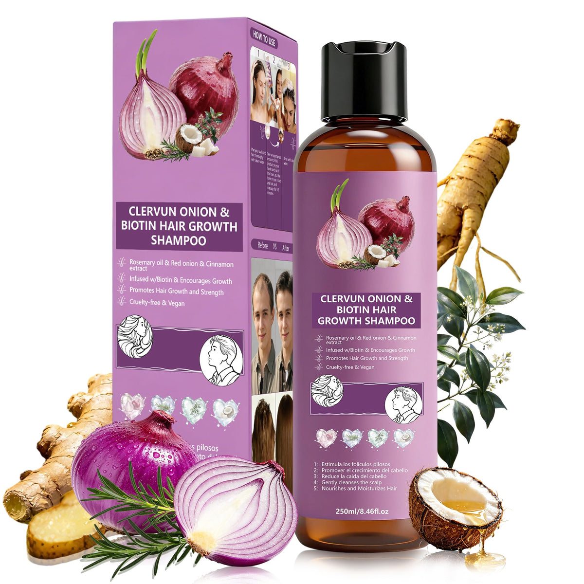 CLERVUN front packaging view showing product benefits and fuller-hair promise