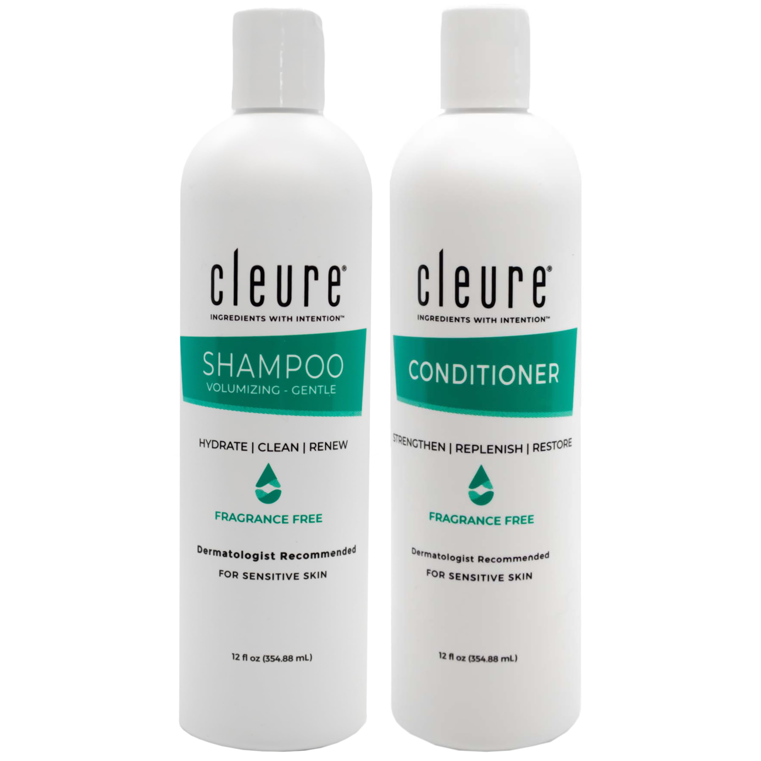 Cleure front bottles set showing clean packaging and clear labeling, gentle formulation benefit