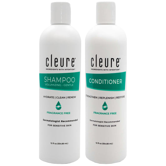 Cleure front bottles set showing clean packaging and clear labeling, gentle formulation benefit
