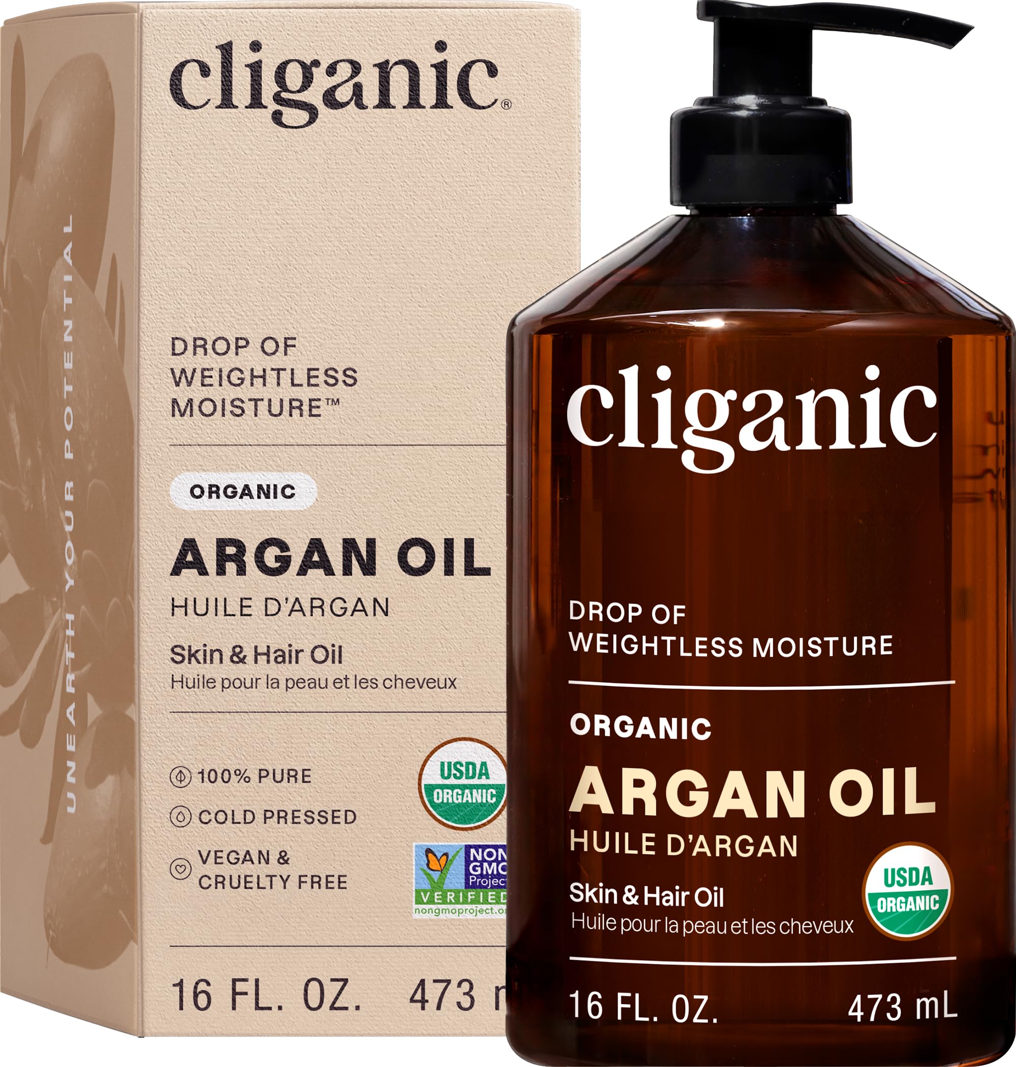 Cliganic argan oil 16oz front bottle showing organic label and bulk size benefit
