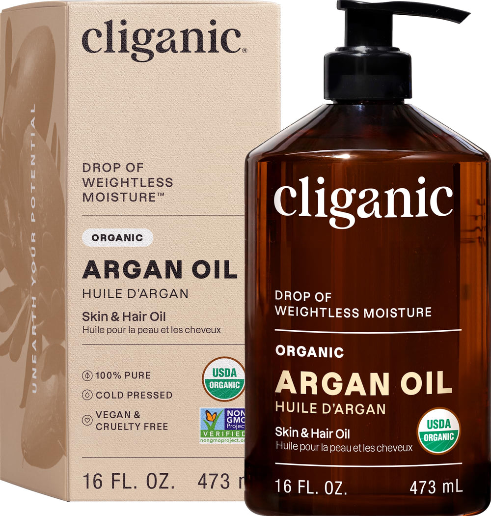 Cliganic argan oil 16oz front bottle showing organic label and bulk size benefit