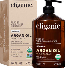 Cliganic argan oil 16oz front bottle showing organic label and bulk size benefit