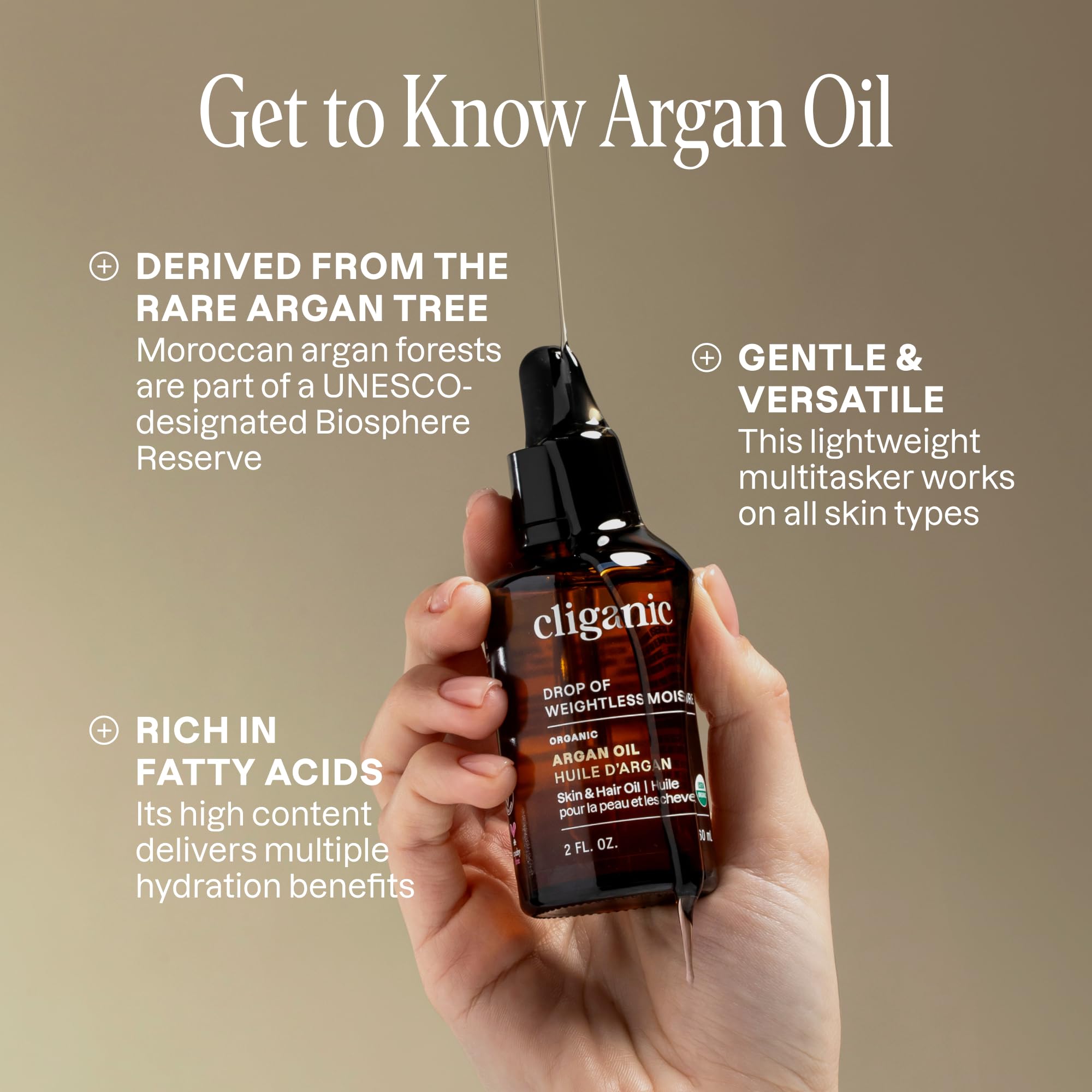 Cliganic argan oil dispensing from dropper for precise, waste-free use