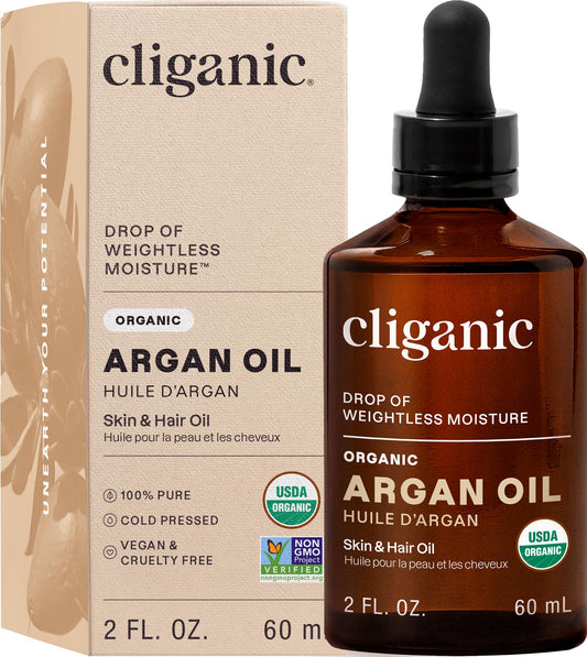 Cliganic argan oil front bottle showing organic label and benefits