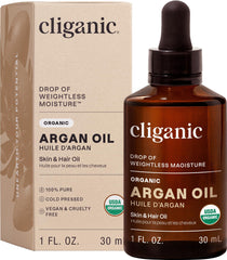 Cliganic argan oil front bottle showing clean organic packaging and purity