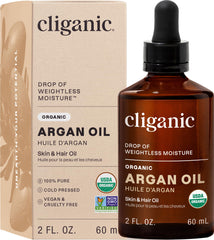 Cliganic argan oil front bottle showing organic label and benefits