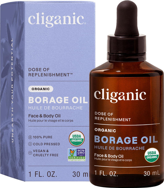 Cliganic bottle front view showing organic borage oil benefits
