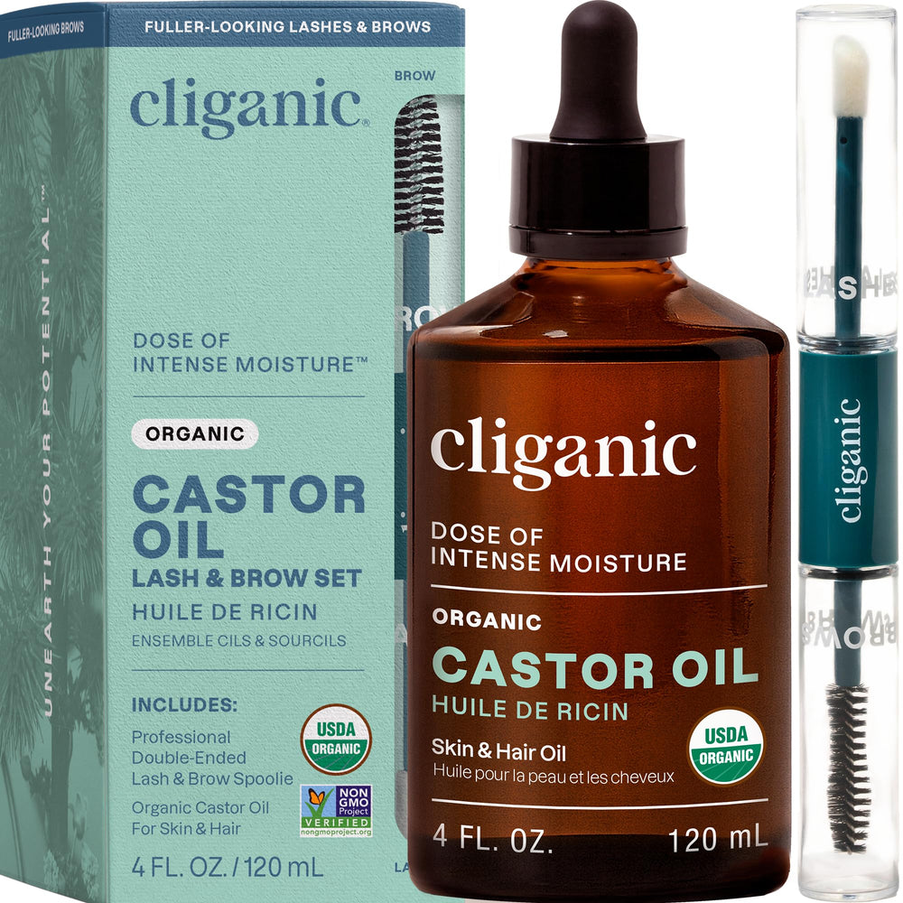Cliganic castor oil 4 oz glass bottle showing label and purity benefits