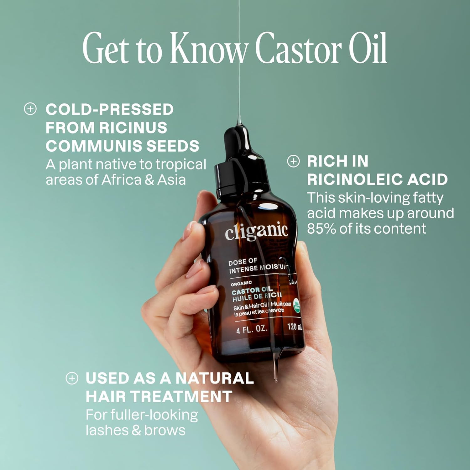 Close-up of Cliganic castor oil texture highlighting cold-pressed richness